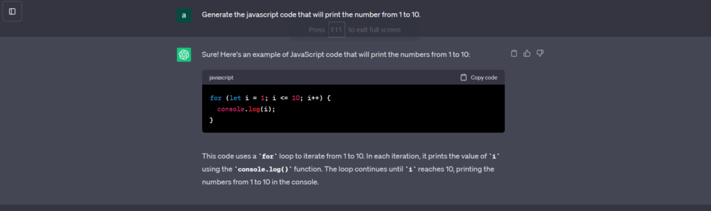 javascript code to print 1 to 10 number